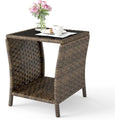 Outdoor Wicker Side Table Rattan Side Tables End Table for Patio with Glass Top Rattan Storage for Patio Garden Balcony