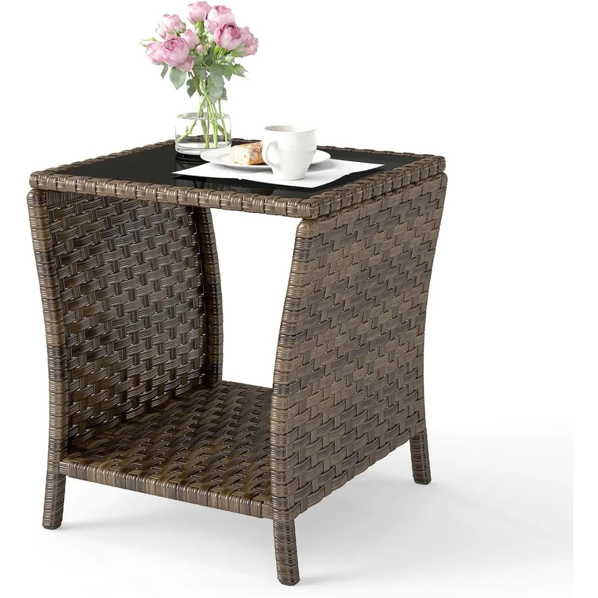 Outdoor Wicker Side Table Rattan Side Tables End Table for Patio with Glass Top Rattan Storage for Patio Garden Balcony