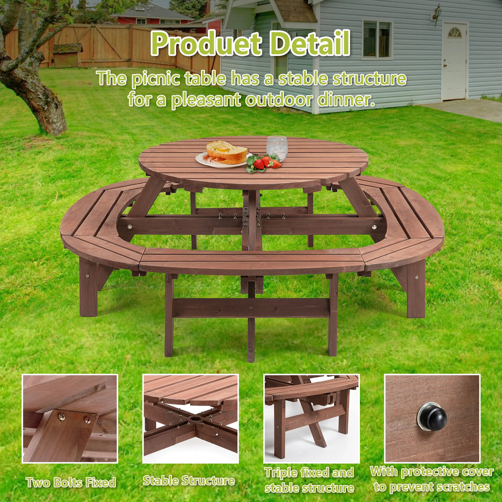 Solid Wood Round Outdoor Picnic Table Set  with Fully Enclosed Built-in Curved Benches, Outdoor Patio Dining Furniture Equipped with Umbrella Hole for Yard Lawn Garden Barbecue Gathering