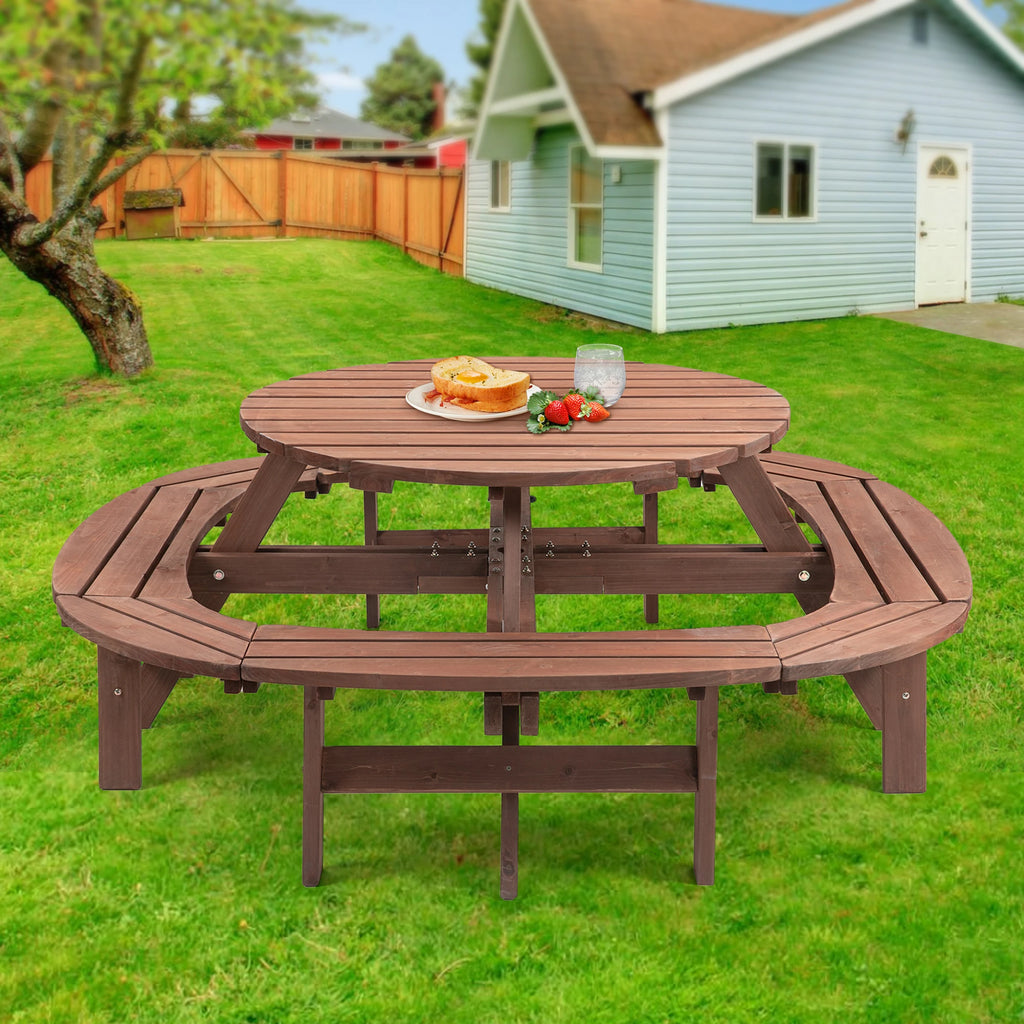 Solid Wood Round Outdoor Picnic Table Set  with Fully Enclosed Built-in Curved Benches, Outdoor Patio Dining Furniture Equipped with Umbrella Hole for Yard Lawn Garden Barbecue Gathering