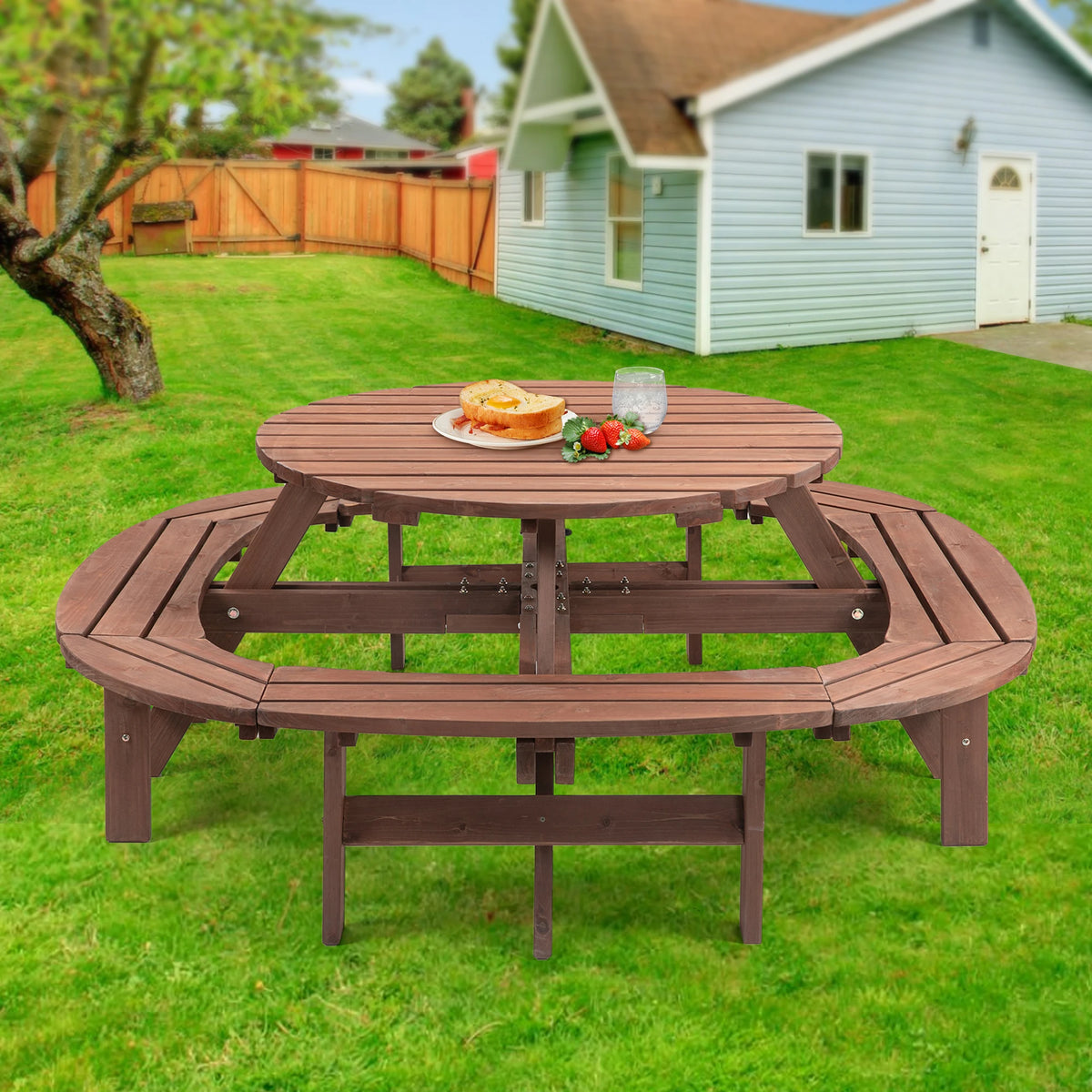 Solid Wood Round Outdoor Picnic Table Set  with Fully Enclosed Built-in Curved Benches, Outdoor Patio Dining Furniture Equipped with Umbrella Hole for Yard Lawn Garden Barbecue Gathering